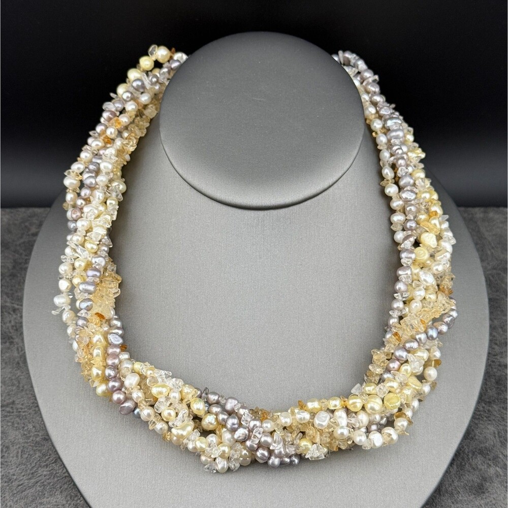 Freshwater Pearl Quartz Silver 925 Multi Strand Necklace 18" White Gray Cream